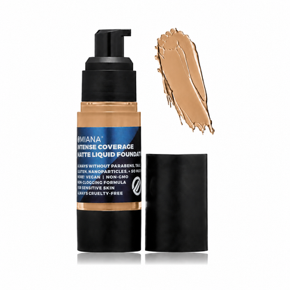 Omiana Intense Coverage Liquid Foundation in Caramel, a medium rich warm-neutral shade.