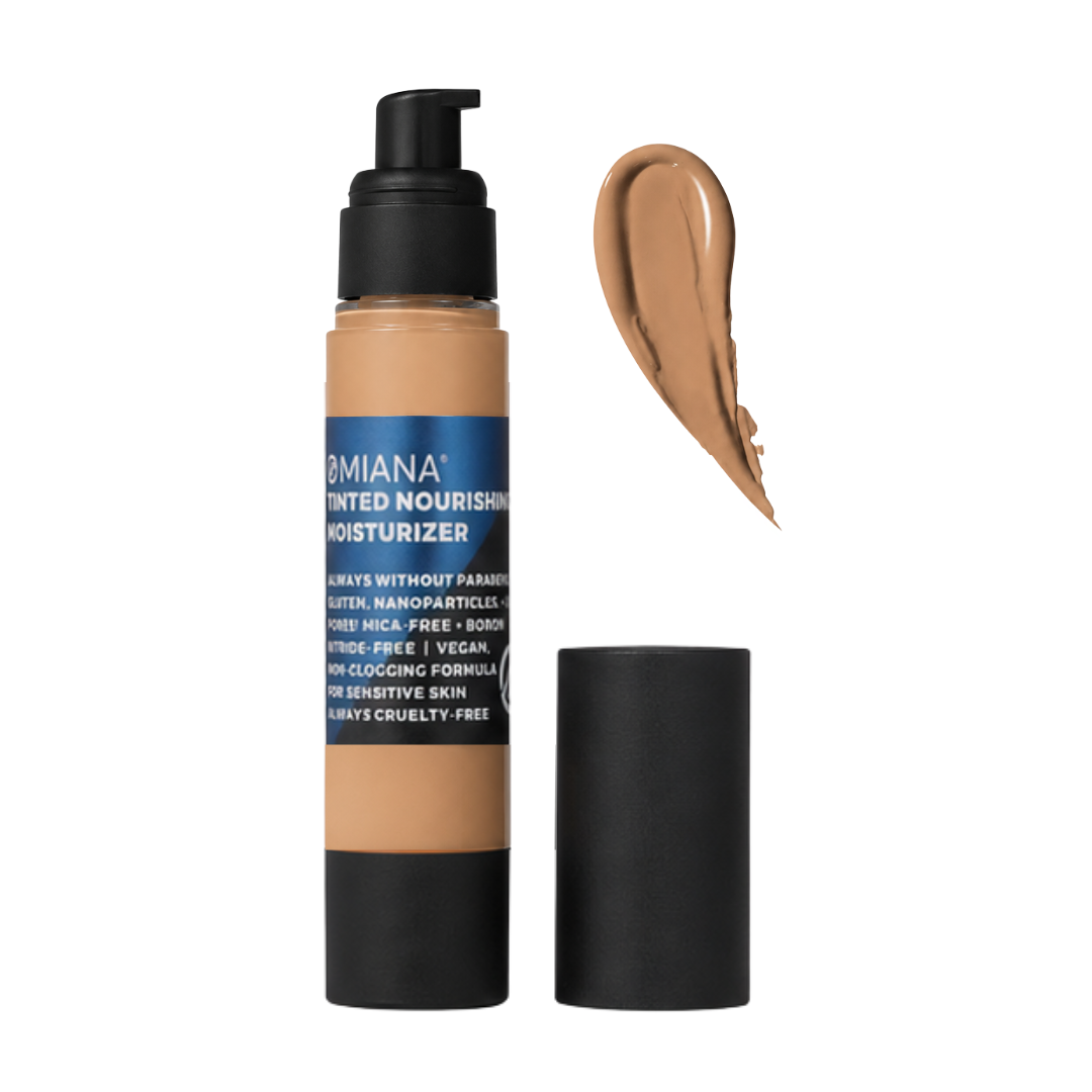 Omiana Warm Honey Tinted Nourishing Moisturizer for medium-deep to deep skin with rich golden undertones shown with matching shade swatch.